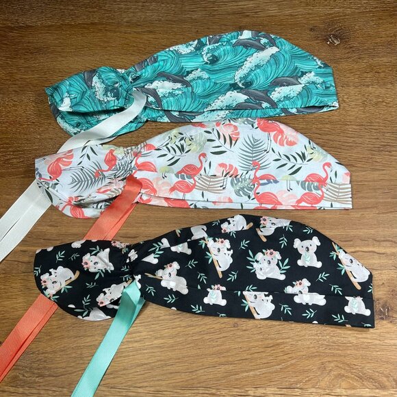 3 Ponytail scrub caps bundle scrub hats surgical caps ponytail scrub hats - Picture 1 of 10